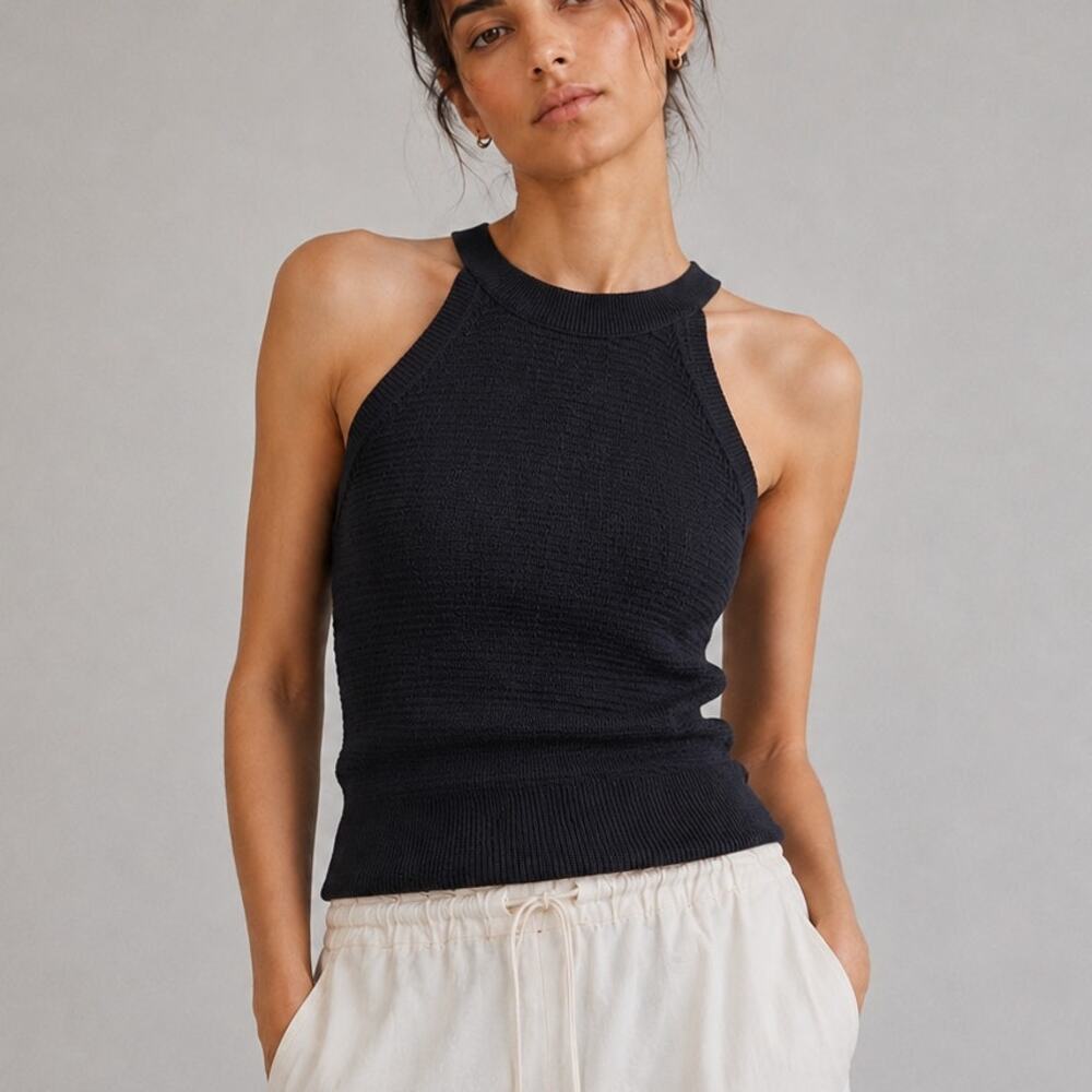 Margaret O'Leary High-neck Knit Halter Tank Top Womens M Navy Cotton